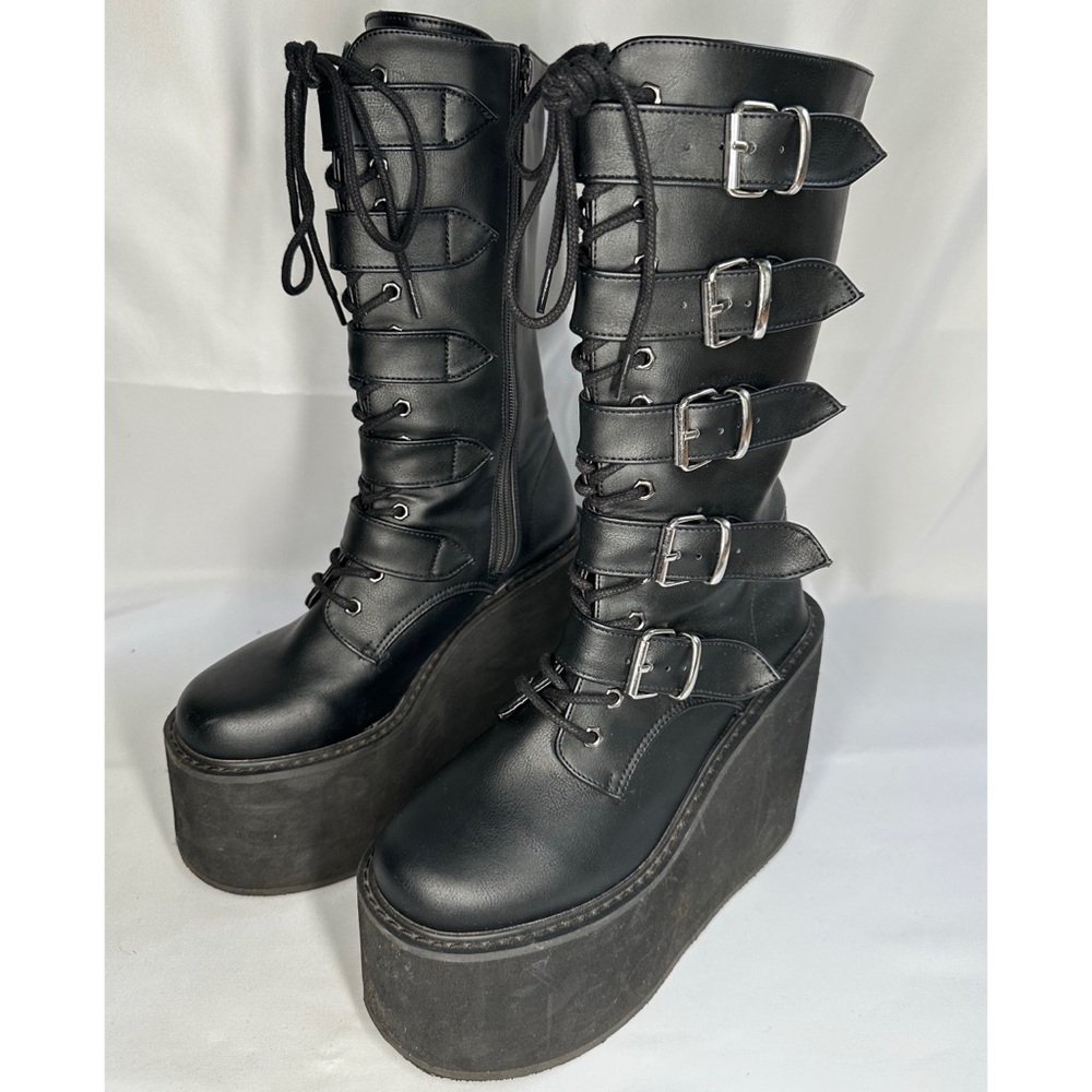 Demonia Swing 220 Platform Buckle Knee Boots